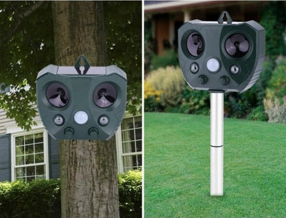 Outdoor Ultrasonic Pest Repeller featuring a PIR Motion Sensor, powered by solar and USB, designed with a weather-resistant casing for effective pest control in gardens 5