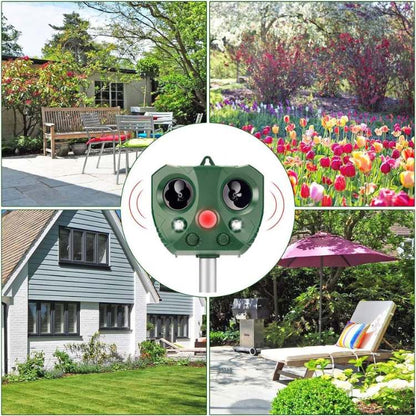 Outdoor Ultrasonic Pest Repeller featuring a PIR Motion Sensor, powered by solar and USB, designed with a weather-resistant casing for effective pest control in gardens 1