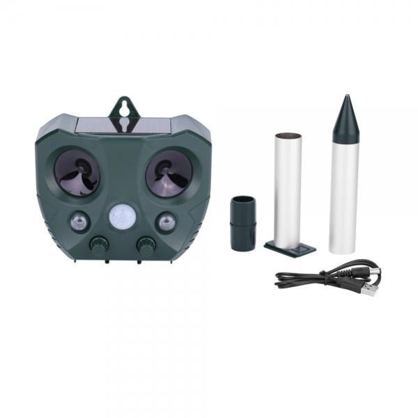 Outdoor Ultrasonic Pest Repeller featuring a PIR Motion Sensor, powered by solar and USB, designed with a weather-resistant casing for effective pest control in gardens 6