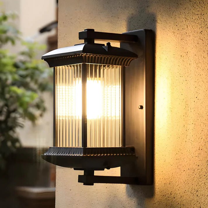 Outdoor wall lamp featuring elegant curved glass panels and a weather-resistant coffee brown metal finish, perfect for illuminating patios and entrances. 3
