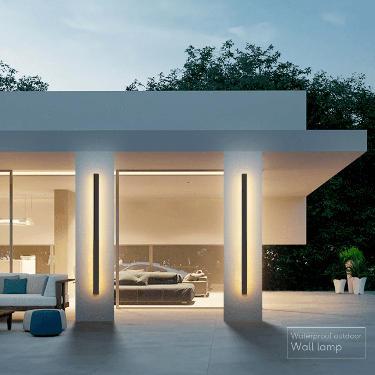 Outdoor wall lamp featuring warm LED lighting, crafted from weatherproof aluminum in a sleek vertical design, perfect for illuminating patios and gardens. 1