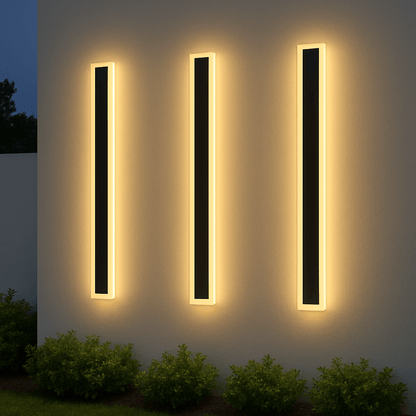 Outdoor wall lamp featuring a minimalist iron design and warm white LED glow, ideal for enhancing exterior lighting in gardens, patios, and entryways. 0