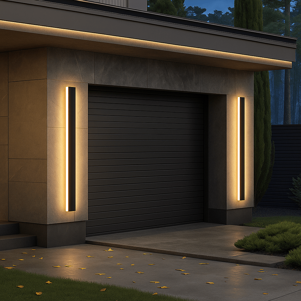 Outdoor wall lamp featuring a minimalist iron design and warm white LED glow, ideal for enhancing exterior lighting in gardens, patios, and entryways. 3