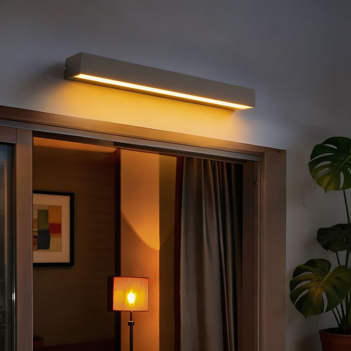 Modern black outdoor wall light featuring adjustable LED color temperature, designed with a sleek linear style and rated IP65 for waterproof durability. 5