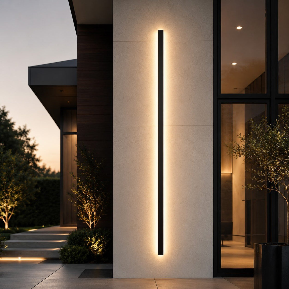 Outdoor wall light featuring a sleek, modern design with dimmable LED functionality and a waterproof aluminum construction, perfect for illuminating patios and gardens. 4