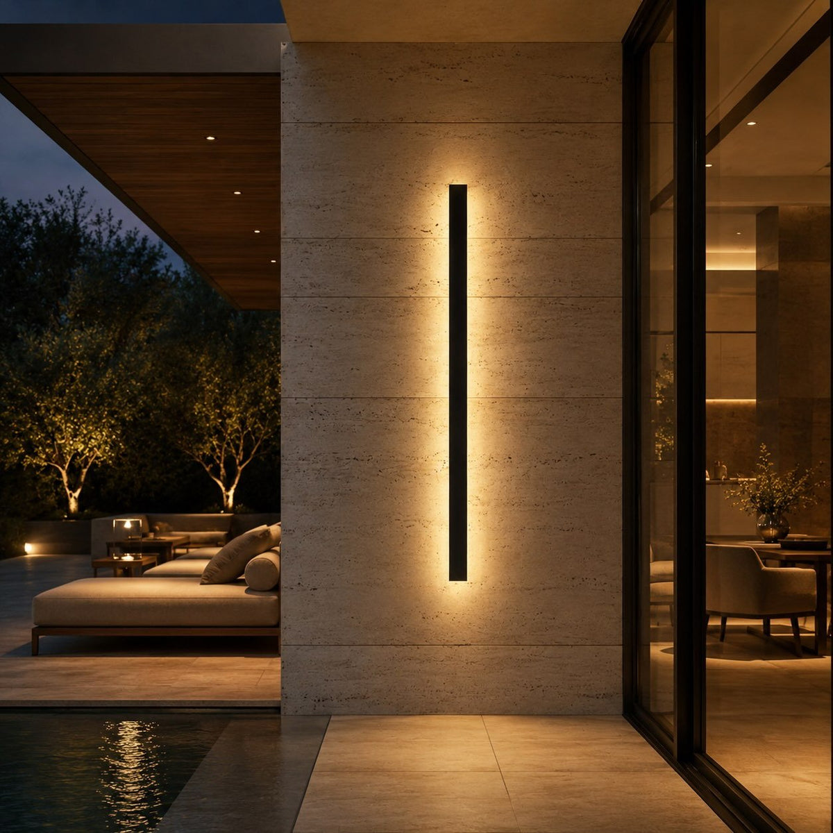 Outdoor wall light featuring a sleek, modern design with dimmable LED functionality and a waterproof aluminum construction, perfect for illuminating patios and gardens. 2