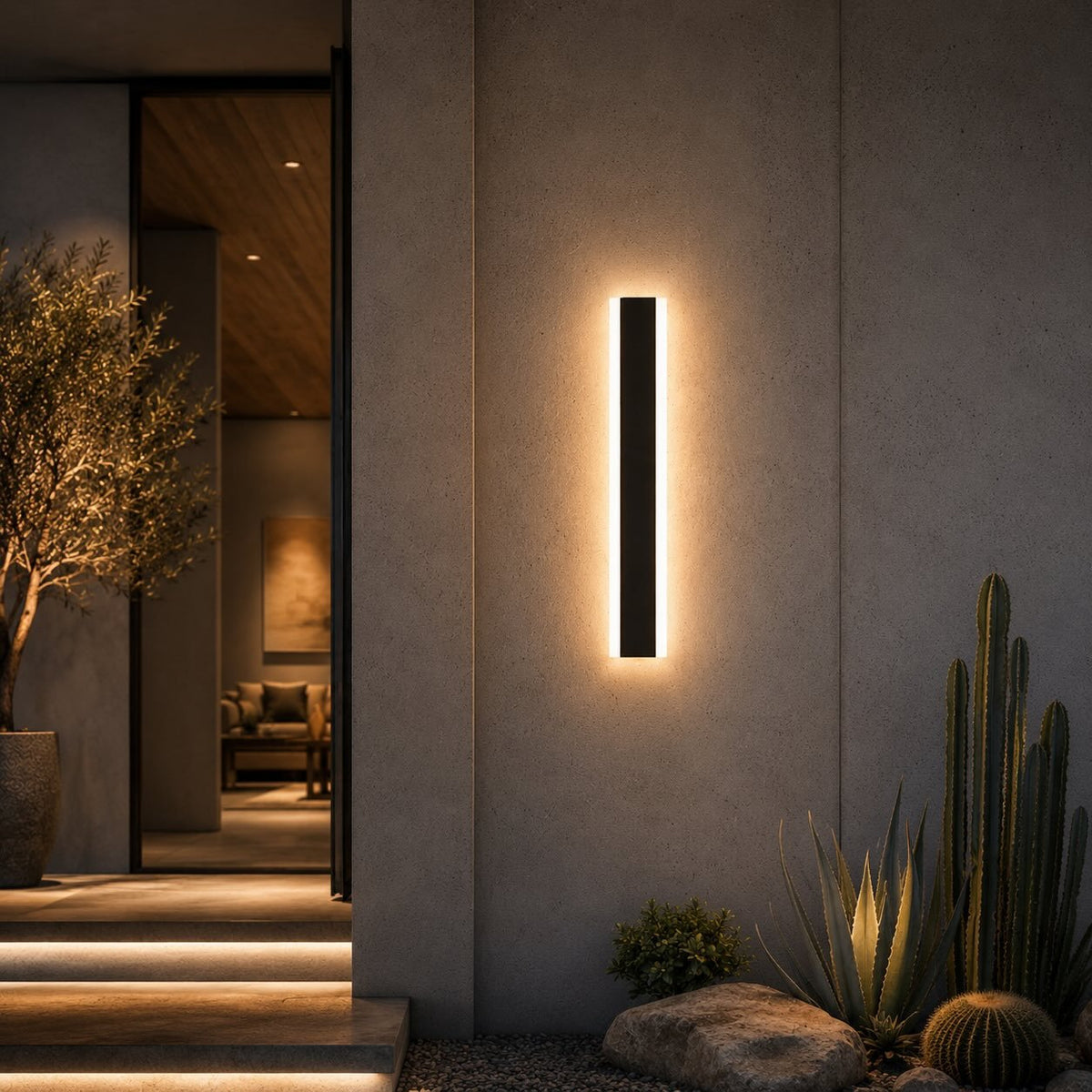 Outdoor wall light featuring a sleek, modern design with dimmable LED functionality and a waterproof aluminum construction, perfect for illuminating patios and gardens. 7