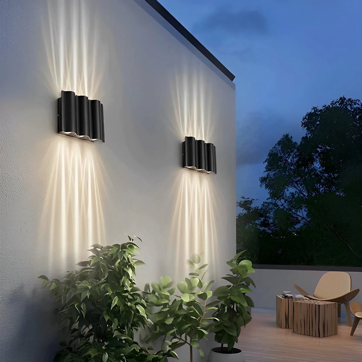 Outdoor wall sconce featuring a stylish matte black aluminum design, showcasing a captivating water wave lighting effect with up and down illumination, perfect for enhancing outdoor spaces 1