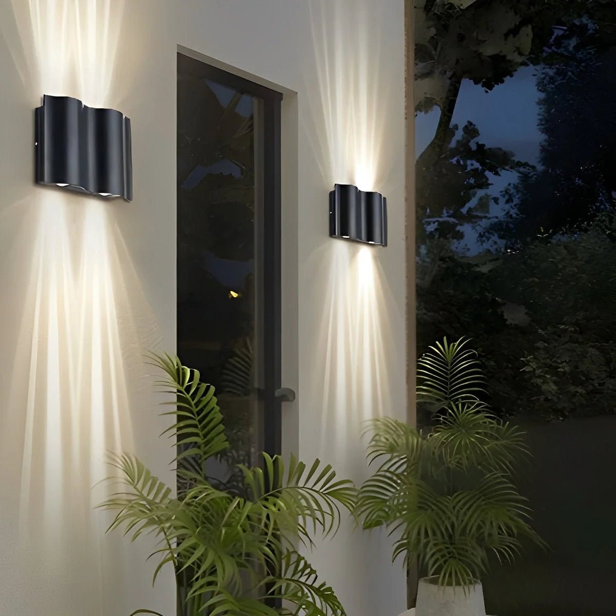 Outdoor wall sconce featuring a stylish matte black aluminum design, showcasing a captivating water wave lighting effect with up and down illumination, perfect for enhancing outdoor spaces 5