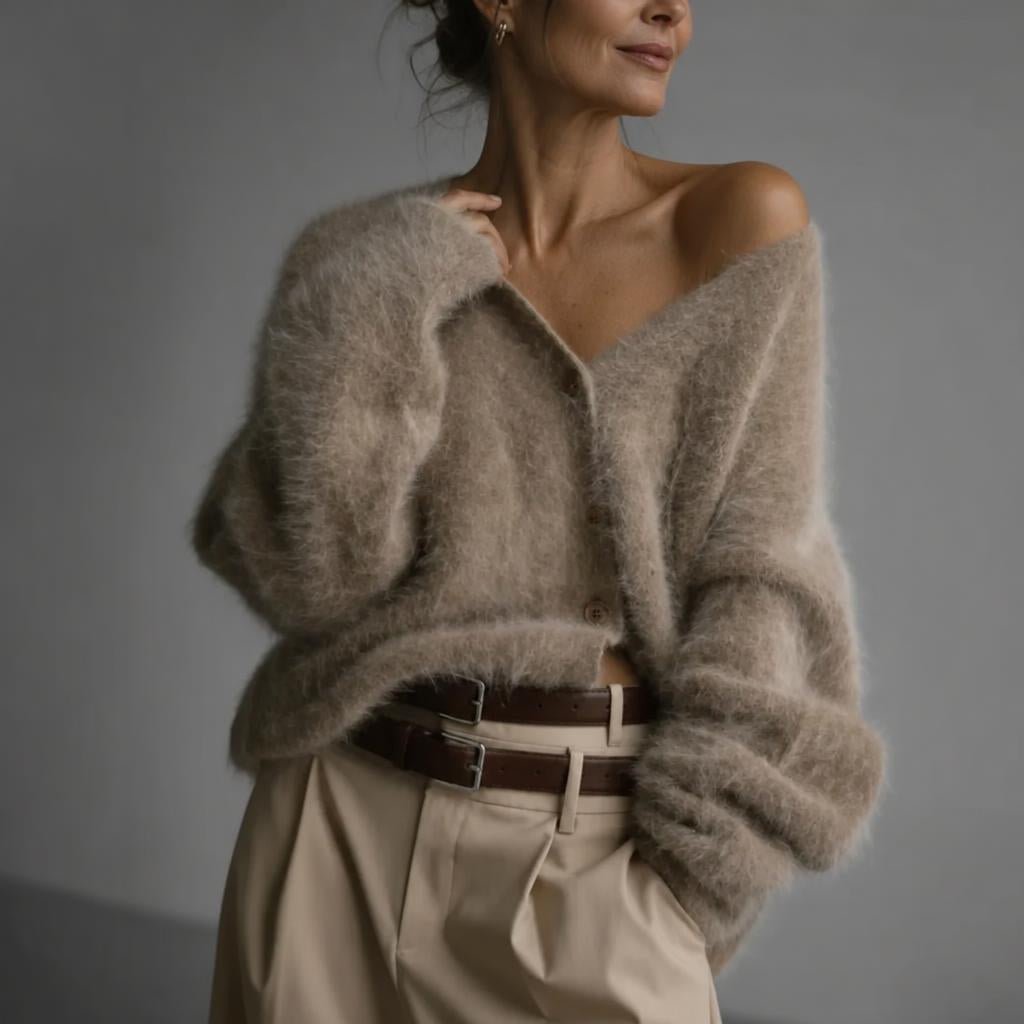Oversized women's cardigan featuring a deep V-neck and relaxed fit, made from soft knit fabric, perfect for layering. 0