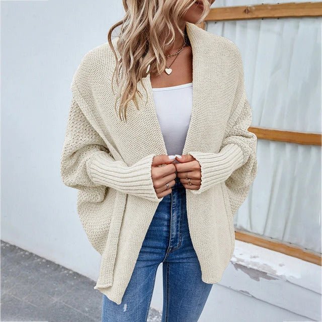 Oversized knit cardigan featuring a shawl collar and batwing sleeves, perfect for casual everyday layering for women. 5