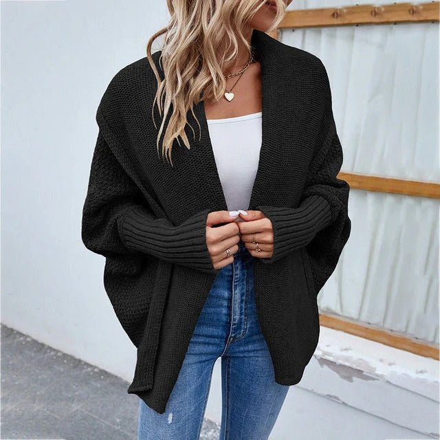 Oversized knit cardigan featuring a shawl collar and batwing sleeves, perfect for casual everyday layering for women. 4