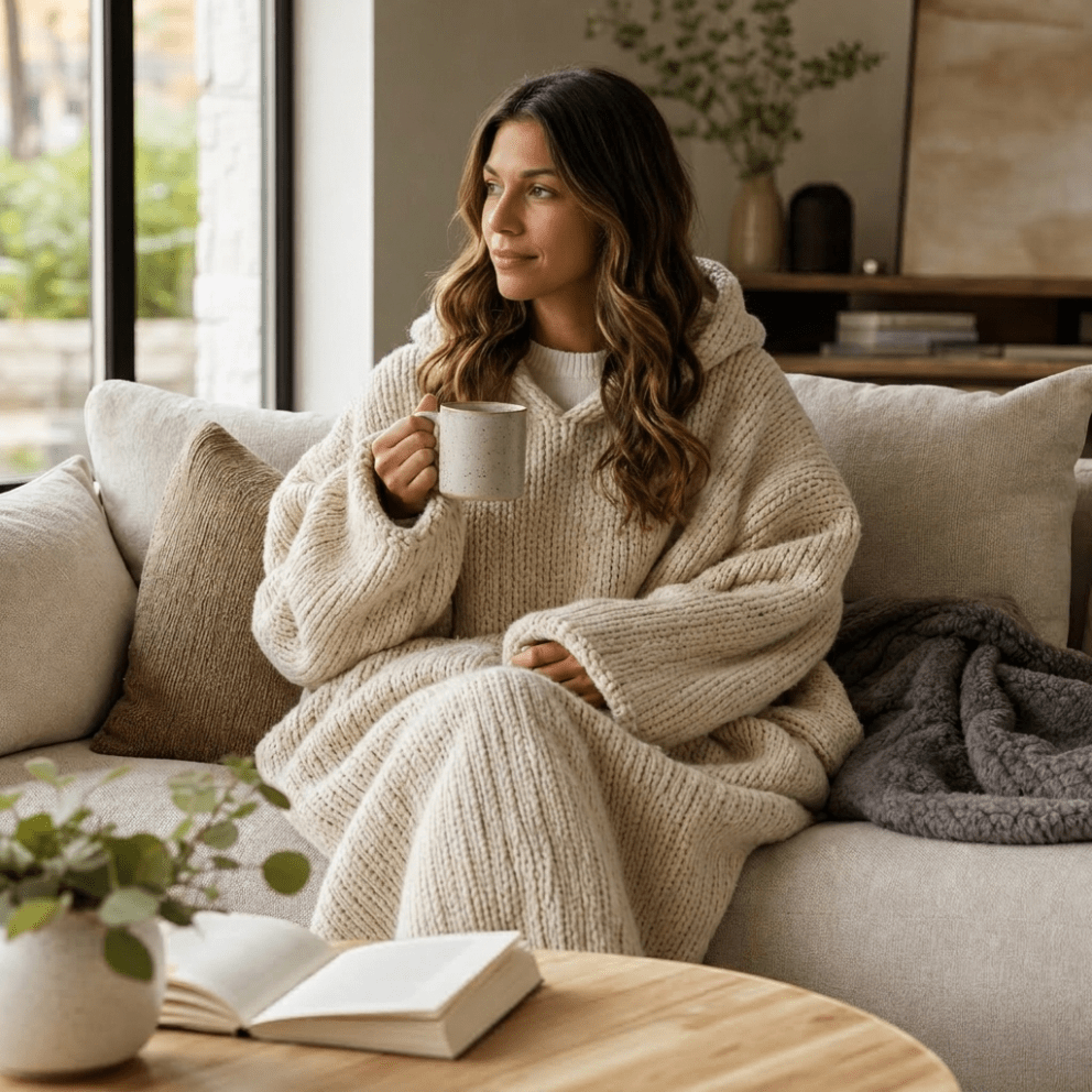 Oversized beige knit lounge hoodie with relaxed hood and chunky texture, perfect for cozy comfort and lounging at home. 3