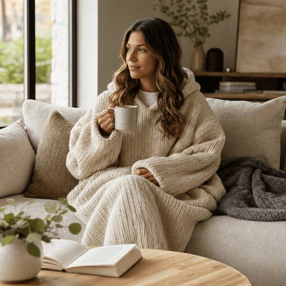 Oversized beige knit lounge hoodie with relaxed hood and chunky texture, perfect for cozy comfort and lounging at home. 3