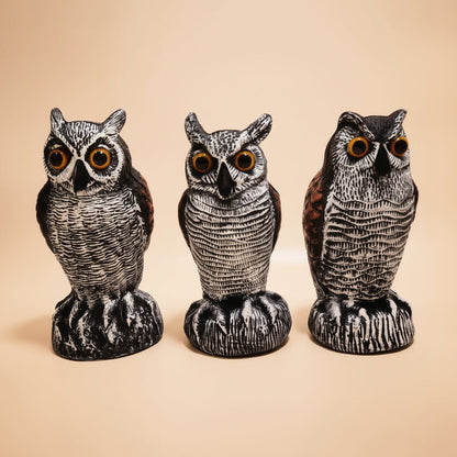 Owl garden sculpture made of durable plastic, designed as a realistic bird deterrent, available in black, dark gray, or light gray; perfect for 7