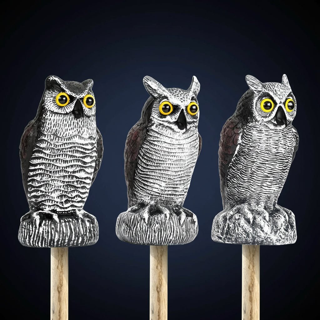 Owl garden sculpture made of durable plastic, designed as a realistic bird deterrent, available in black, dark gray, or light gray; perfect for 3