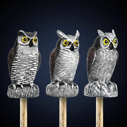 Owl garden sculpture made of durable plastic, designed as a realistic bird deterrent, available in black, dark gray, or light gray; perfect for 3