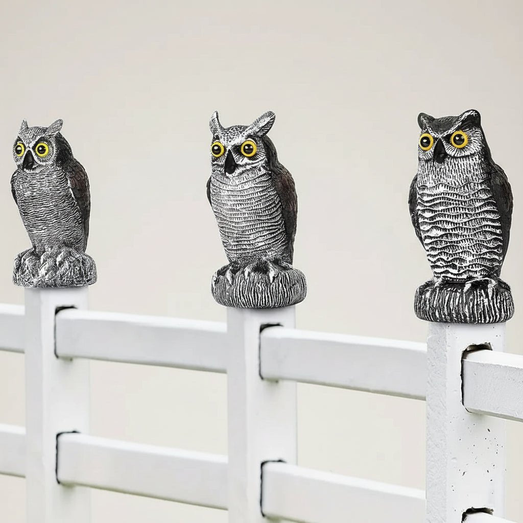 Owl garden sculpture made of durable plastic, designed as a realistic bird deterrent, available in black, dark gray, or light gray; perfect for 5