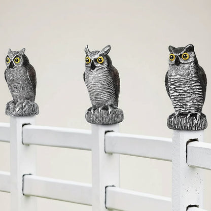 Owl garden sculpture made of durable plastic, designed as a realistic bird deterrent, available in black, dark gray, or light gray; perfect for 5