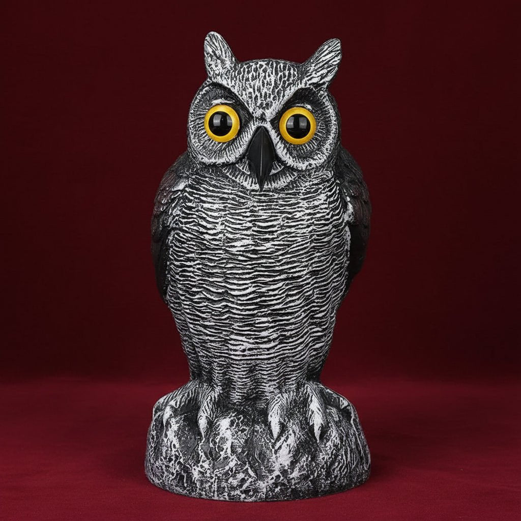 Owl garden sculpture made of durable plastic, designed as a realistic bird deterrent, available in black, dark gray, or light gray; perfect for 2