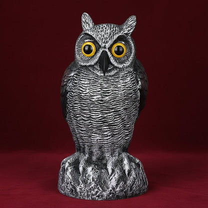 Owl garden sculpture made of durable plastic, designed as a realistic bird deterrent, available in black, dark gray, or light gray; perfect for 2