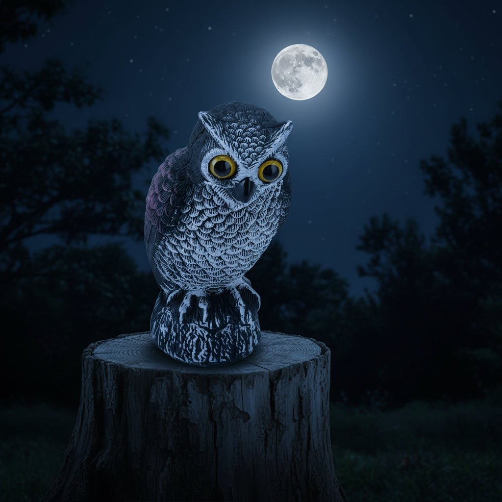 Owl garden sculpture made of durable plastic, designed as a realistic bird deterrent, available in black, dark gray, or light gray; perfect for 6