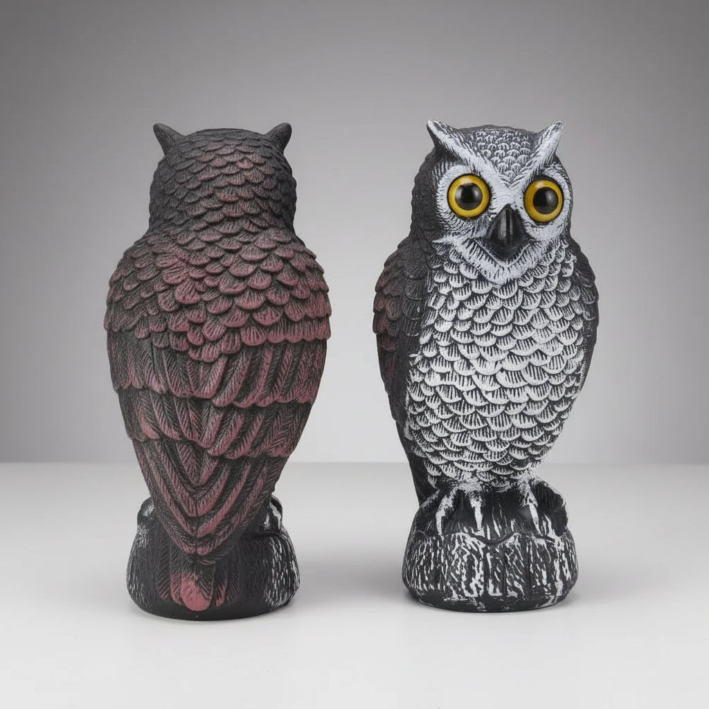 Owl garden sculpture made of durable plastic, designed as a realistic bird deterrent, available in black, dark gray, or light gray; perfect for 4