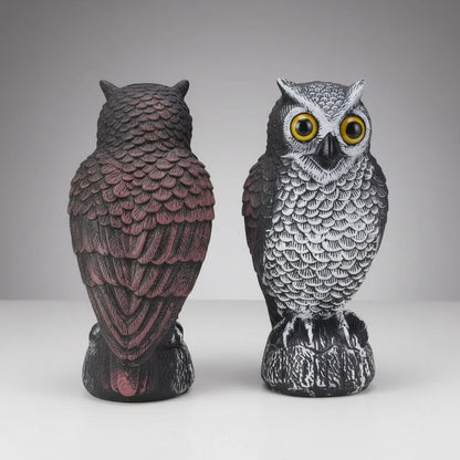 Owl garden sculpture made of durable plastic, designed as a realistic bird deterrent, available in black, dark gray, or light gray; perfect for 4