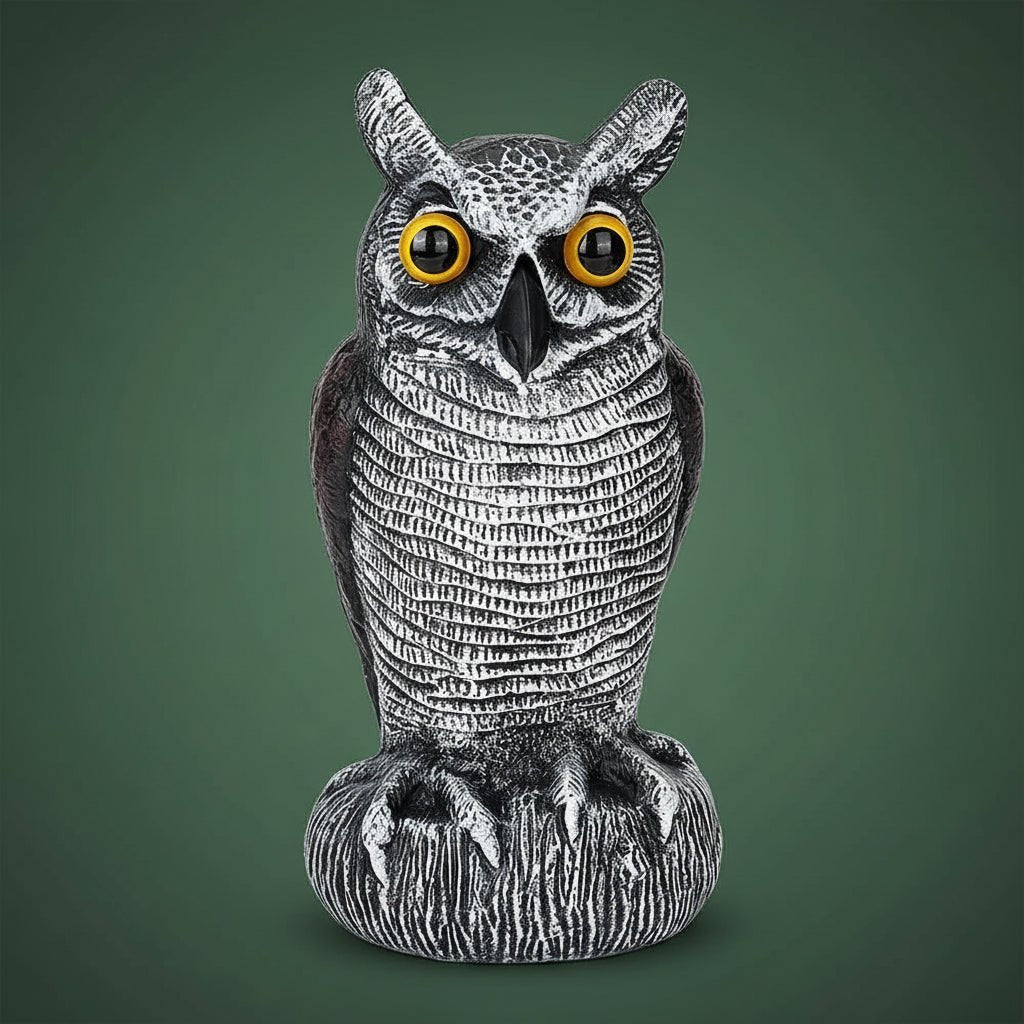 Owl garden sculpture made of durable plastic, designed as a realistic bird deterrent, available in black, dark gray, or light gray; perfect for 1