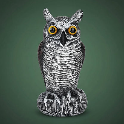 Owl garden sculpture made of durable plastic, designed as a realistic bird deterrent, available in black, dark gray, or light gray; perfect for 1