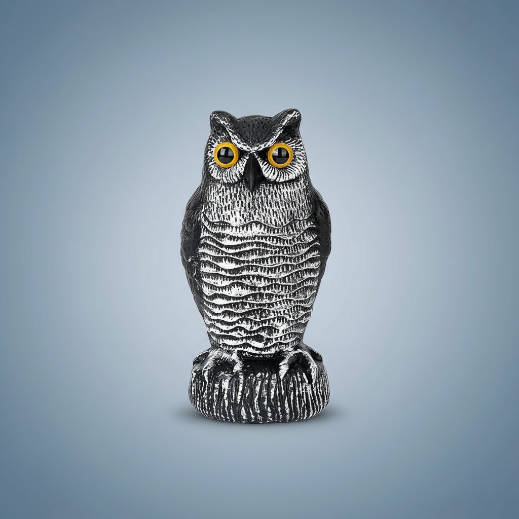 Owl garden sculpture made of durable plastic, designed as a realistic bird deterrent, available in black, dark gray, or light gray; perfect for 0