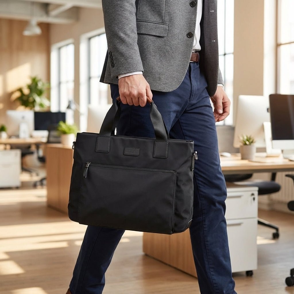Black Oxford laptop bag featuring an anti-theft pocket and adjustable strap, designed for men, made from durable Oxford fabric for enhanced protection and style. 0
