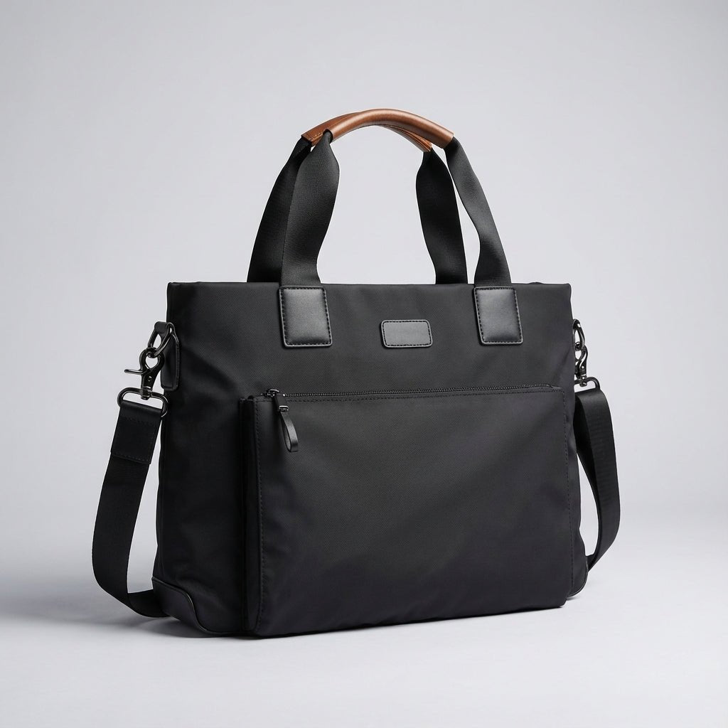 Black Oxford laptop bag featuring an anti-theft pocket and adjustable strap, designed for men, made from durable Oxford fabric for enhanced protection and style. 1