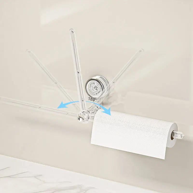 Transparent plastic wall-mounted paper towel holder with a rotatable suction cup, ideal for kitchen organization and easy access to towels. 1