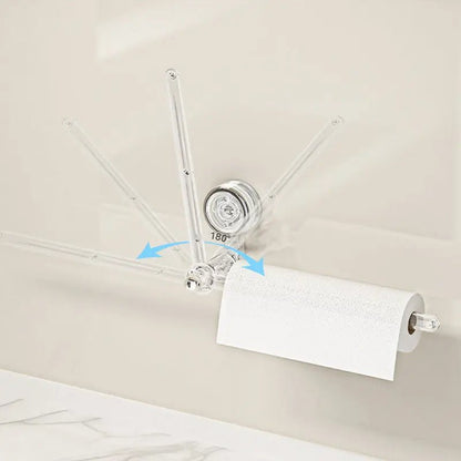 Transparent plastic wall-mounted paper towel holder with a rotatable suction cup, ideal for kitchen organization and easy access to towels. 1