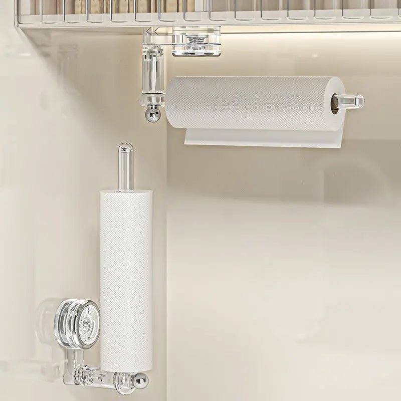 Transparent plastic wall-mounted paper towel holder with a rotatable suction cup, ideal for kitchen organization and easy access to towels. 4