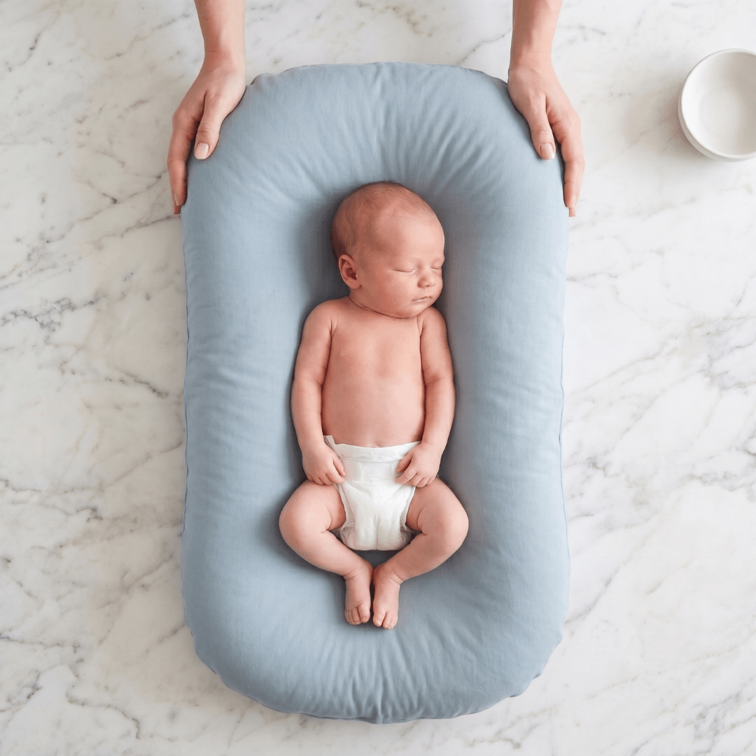 Pastel Baby Lounger Nest featuring breathable materials and raised edges for enhanced comfort and safety. 11