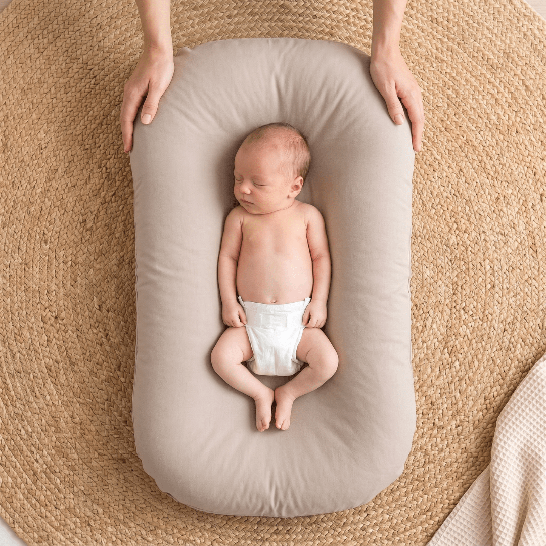 Pastel Baby Lounger Nest featuring breathable materials and raised edges for enhanced comfort and safety. 12