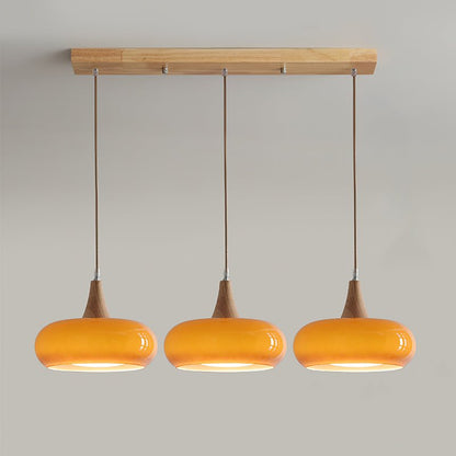Pendant lamp featuring adjustable suspension with elegant glass shades, designed with a rustic wooden beam for a stylish and modern lighting solution. 13