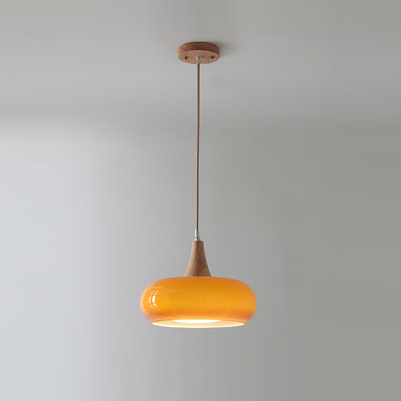 Pendant lamp featuring adjustable suspension with elegant glass shades, designed with a rustic wooden beam for a stylish and modern lighting solution. 0