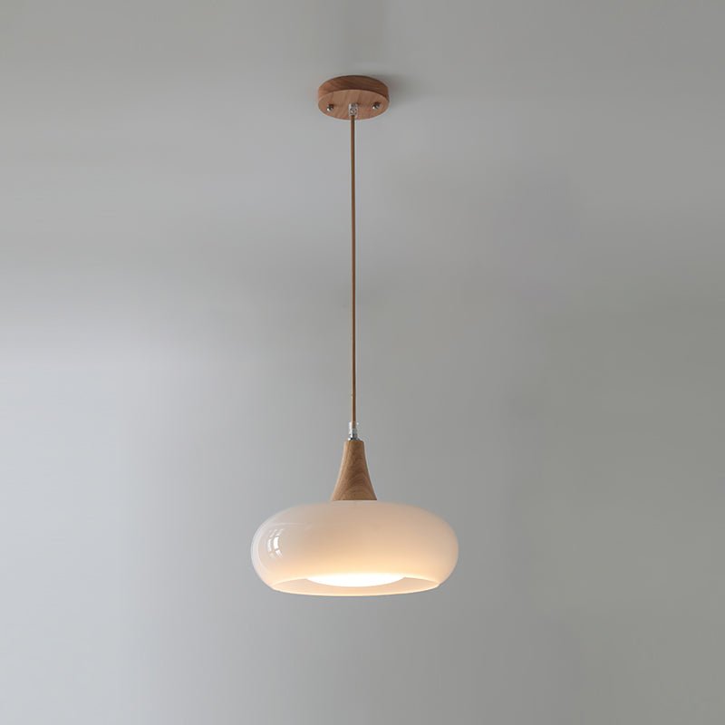 Pendant lamp featuring adjustable suspension with elegant glass shades, designed with a rustic wooden beam for a stylish and modern lighting solution. 7
