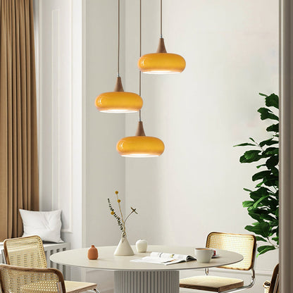 Pendant lamp featuring adjustable suspension with elegant glass shades, designed with a rustic wooden beam for a stylish and modern lighting solution. 1