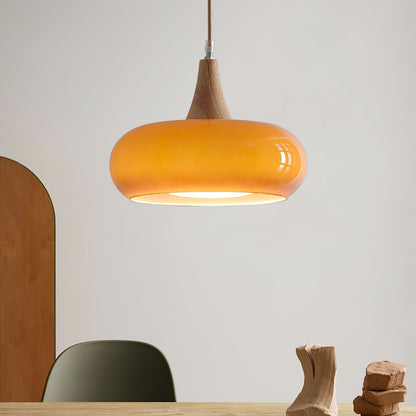 Pendant lamp featuring adjustable suspension with elegant glass shades, designed with a rustic wooden beam for a stylish and modern lighting solution. 3