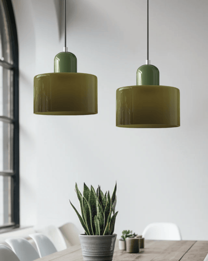 Modern pendant lamp featuring a soft glass shade in earthy tones, showcasing a sculptural design that adds a contemporary touch to any space. 5