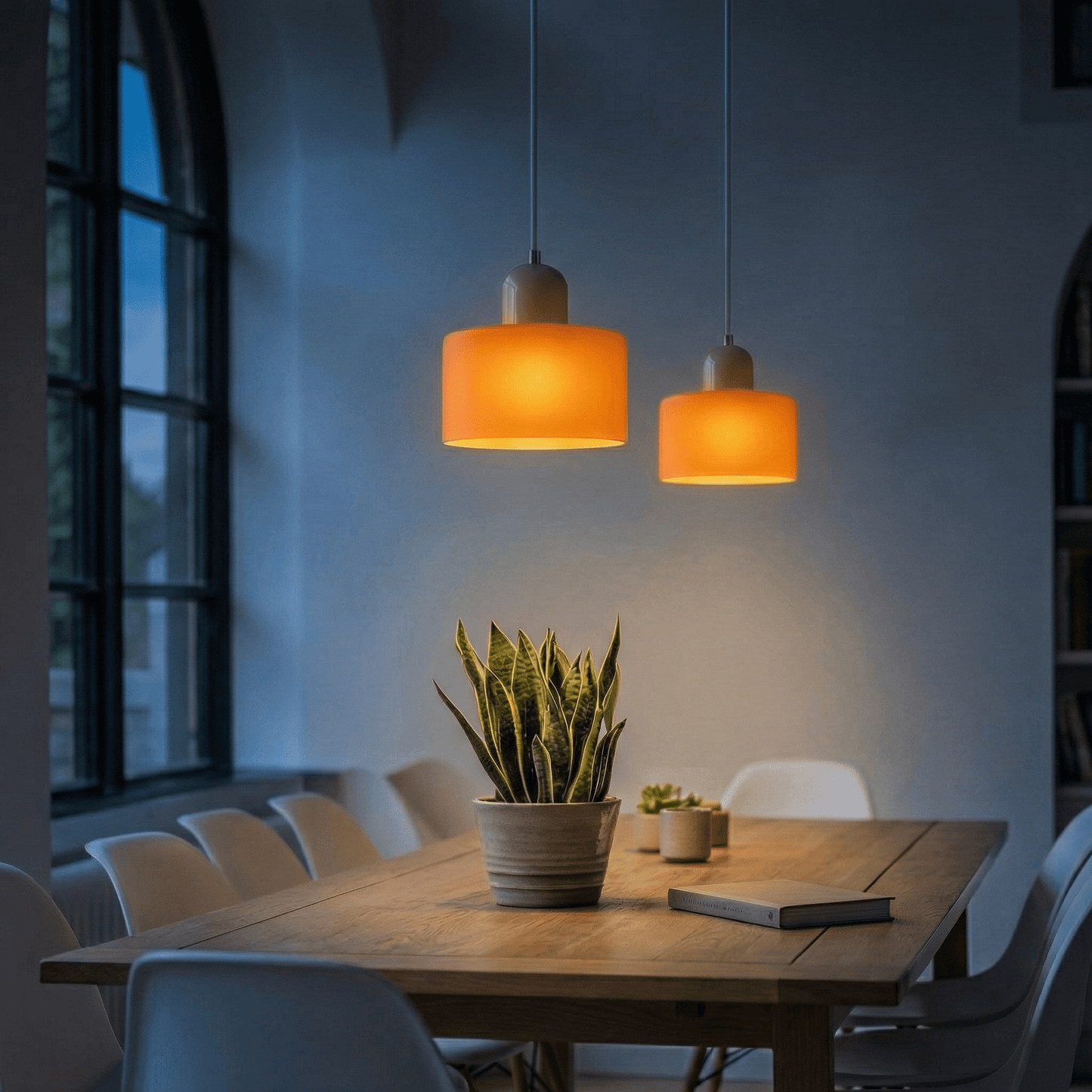 Modern Bauhaus-style pendant light with adjustable height and clear glass shade, perfect for illuminating kitchen islands. 1