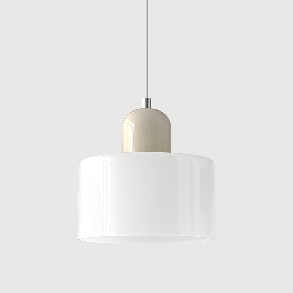 Modern Bauhaus-style pendant light with adjustable height and clear glass shade, perfect for illuminating kitchen islands. 12