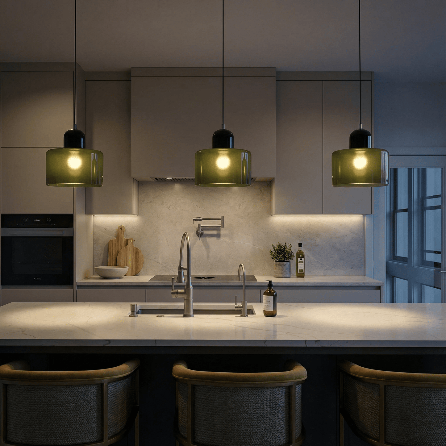 Modern Bauhaus-style pendant light with adjustable height and clear glass shade, perfect for illuminating kitchen islands. 2