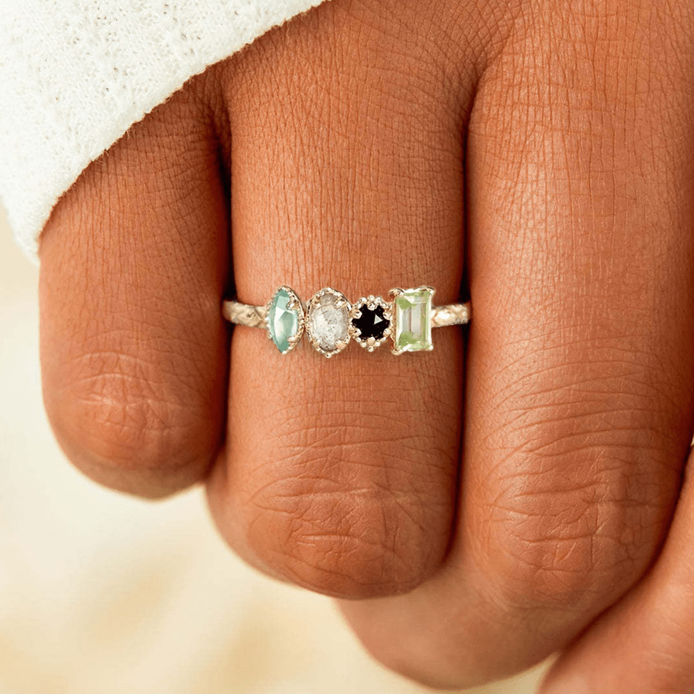 Personalized birthstone ring featuring a vintage milgrain design, customizable for family jewelry, showcasing unique birthstones in a beautiful setting. 7