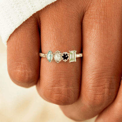 Personalized birthstone ring featuring a vintage milgrain design, customizable for family jewelry, showcasing unique birthstones in a beautiful setting. 7