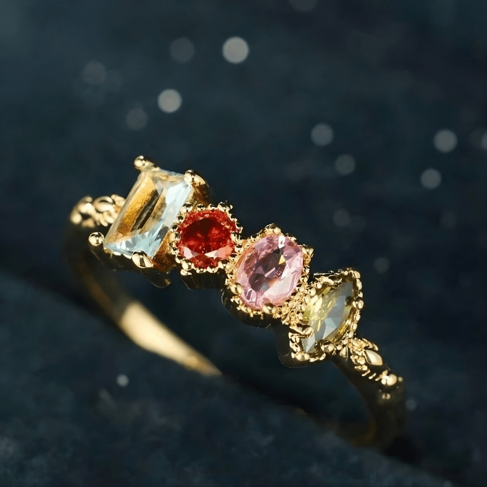 Personalized birthstone ring featuring a vintage milgrain design, customizable for family jewelry, showcasing unique birthstones in a beautiful setting. 1